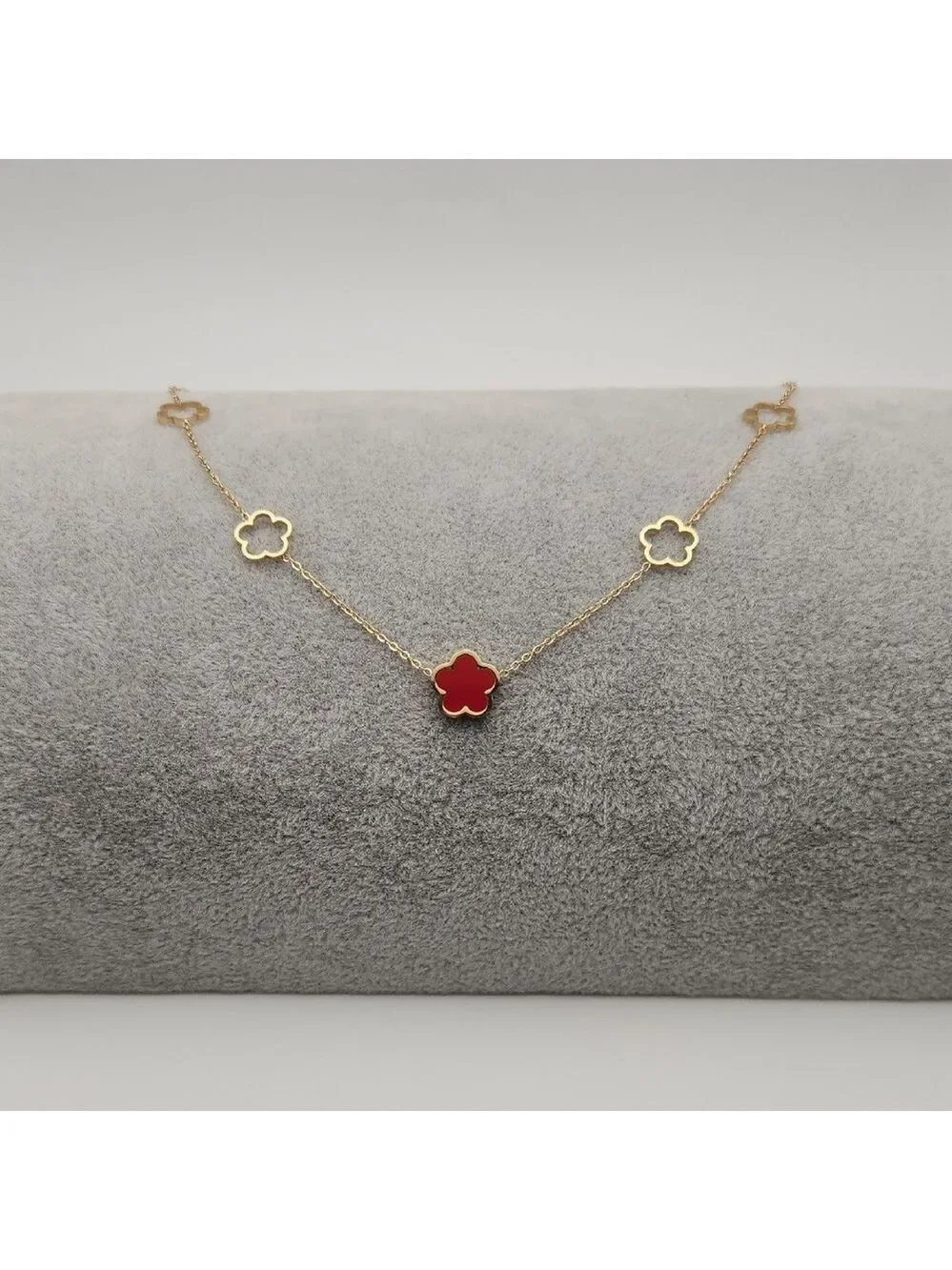 Red Floral Necklace 18k Gold Plated Stainless Steel Dainty Necklace Multi Charm